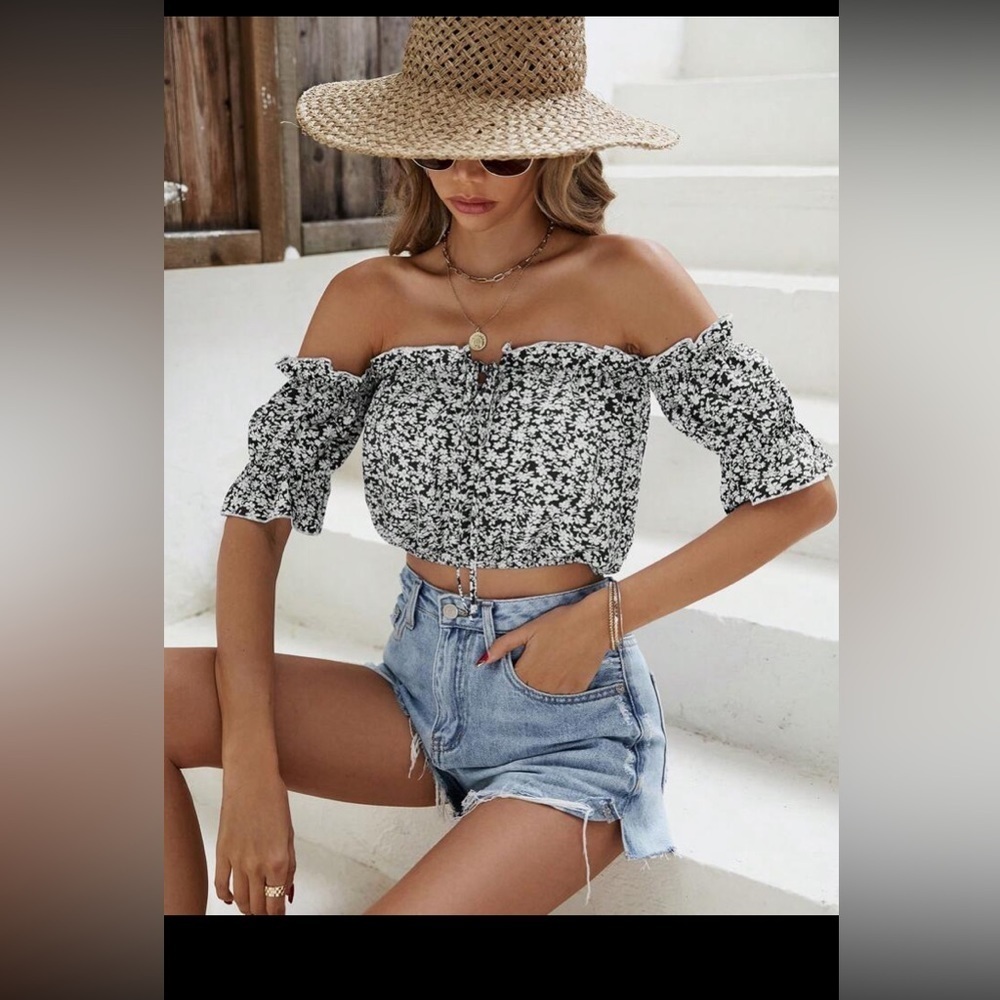 SHEIN VCAY Ditsy Floral Print Off Shoulder Frill Trim Tie Front Crop Blouse L - Picture 8 of 16